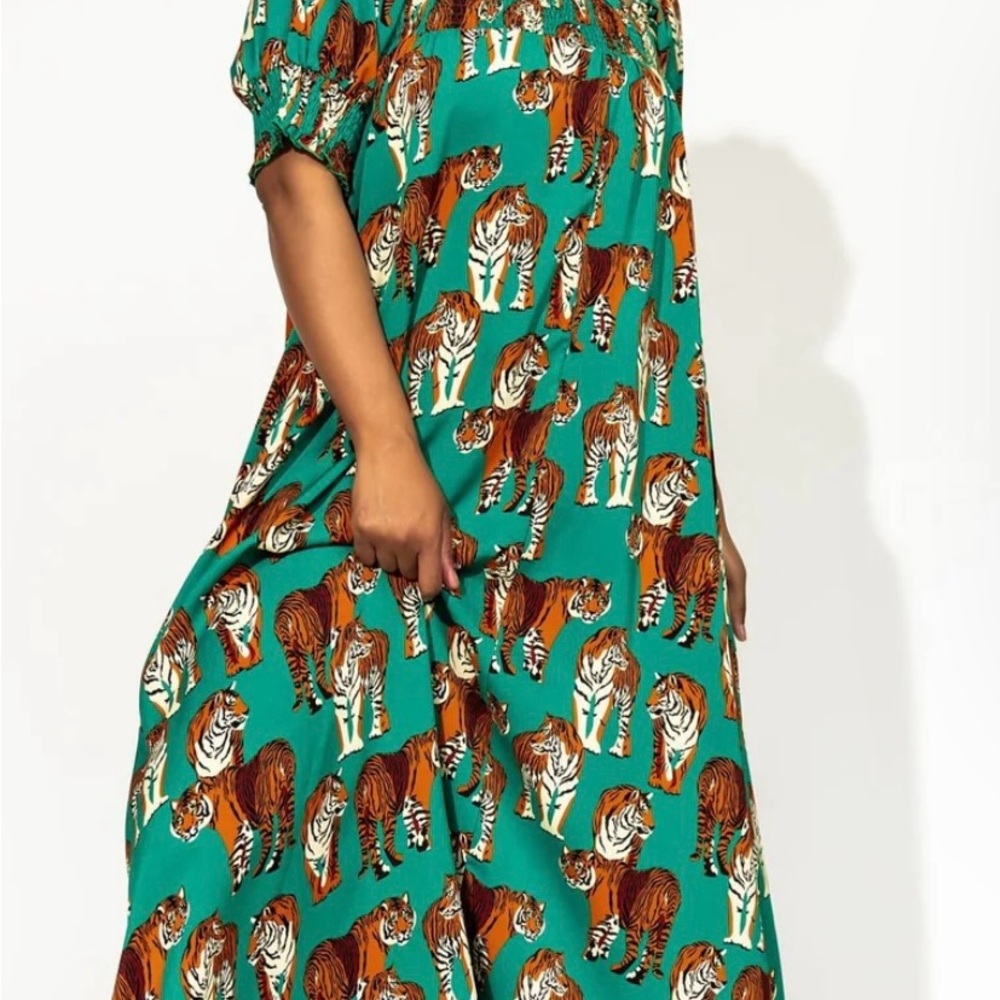 Palm Springs Smocked Dress in Tiger Tales